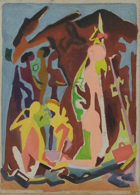 Max Ackermann 1887 Berlin - 1975 Unterlengenhardt - Ohne Titel (fig&uuml;rliche Szene) - &Ouml;l/Holz. 33 
