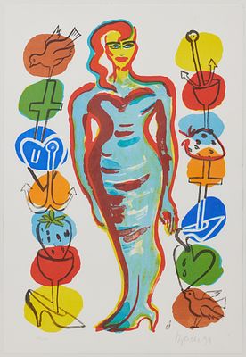 Elvira Bach 1951 Neuenhain - "Symbole" - Farblithografie/Papier. 23/120. 50 x 34 cm. 55,5 x 38 