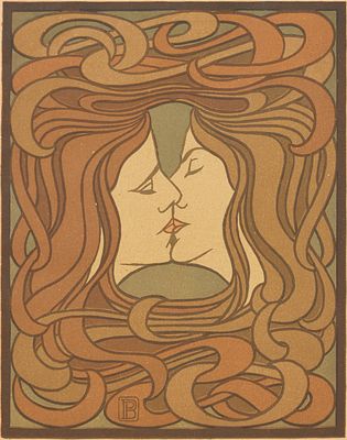 Peter Behrens 1868 Hamburg - 1940 Berlin - "Der Kuss" - Farbholzschnitt/Papier. 19,3 x 15,4 cm 