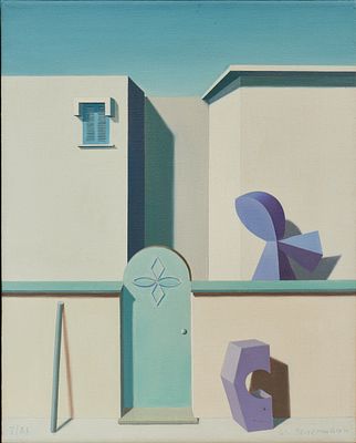 Wilhelm Beuermann 1937 Berlin - 2006 Hannover - Villa mit lilaner T&uuml;r - &Ouml;l/Lwd. 50,2 x 40,4 cm. 