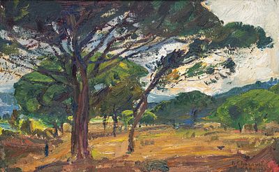 Paul Charavel 1877 Marceille - 1961 France - "Pins Parasols" - Oil/wood. 15.8 x 24.8 cm, 21.7 x 