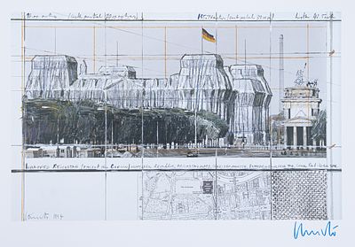 Christo 1935 Gabrovo - 2020 New York City - "Wrapped Reichstag" - color offset/paper. 35.5 x 56 