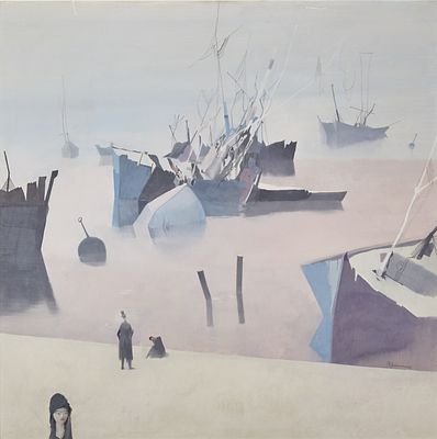 Otto Bachmann 1915 Lucerne - 1996 Losone - Coastal Landscape with Three People - (1952) 