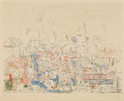 Falko Behrendt 1951 Torgelow - "Merry Village, Puchow III" - (1989) color etching/paper. 49 x 