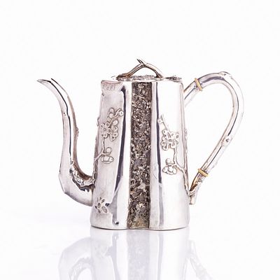 Rare Sterling Silver Coffee Pot with Peach Blossom Decor Hong Kong, Qing Dynasty, 19th century. 