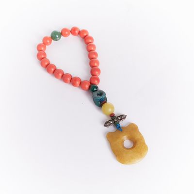 Tibetan Coral-Colored Bead Necklace (Mala) with Jade Beads and Jade Pendant Tibet, Republic 