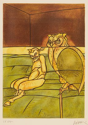 Valerio Adami 1935 Bologna - "Satyr and Owl" - Color lithograph/paper. 26/175. 50 x 36 cm, 57 x 