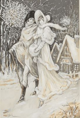 Marcel Bloch 1882 Paris - 1966 Paris - Elegant couple in a snowy winter landscape - Gouache 