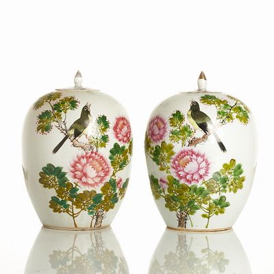Pair of large Famille Rose ginger jars China, probably 19th - 20th century. Porcelain, glazed 