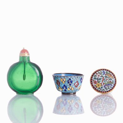 Collection: Snuff Bottle, Button, and Small Enamel Cup. Collection: Snuff Bottle, Button, and 