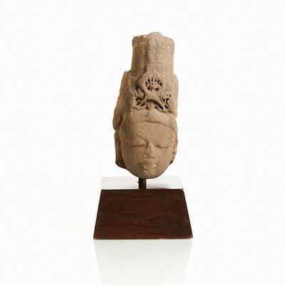 Rare, Large Pink Sandstone Head of Vishnu from the Chandella Period. Rare, large pink sandstone 