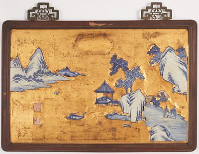 Rare old Chinese porcelain panel with gilded lacquer putty and wooden mounting. Rare Chinese 