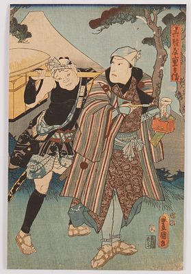 Color woodblock print by Utagawa Kunisada (Toyokuni III), Scene: Kataoka Gado II as Gofukuya 