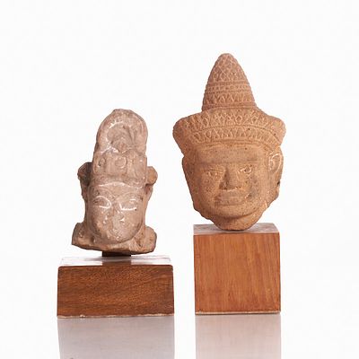 Two Sandstone Heads of Vishnu and Khmer India, probably 18th/19th century or earlier. Sandstone 