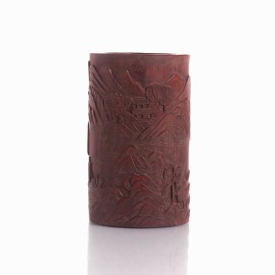Large Brush Pot with Sailboat in Landscape China, probably 20th century or earlier. Bamboo 
