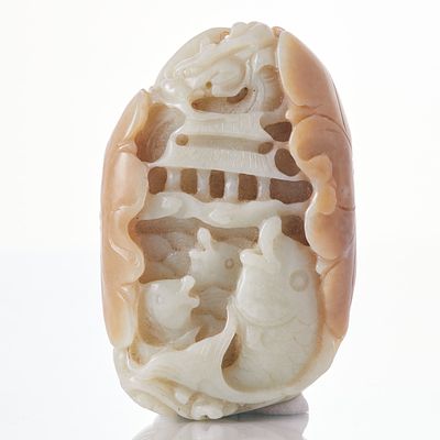Large Carved Jade Pendant China, 19th-20th century. Beautiful, heavy jade in celadon and brown 