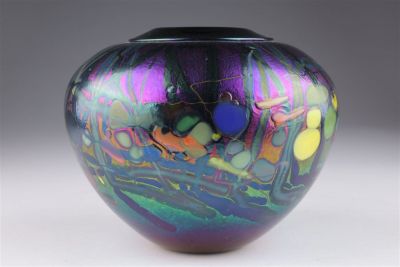 Signed 2000 Jim Norton Iridescent Art Glass Vase. 5 inches H x 5 W. Condition: Although care is 