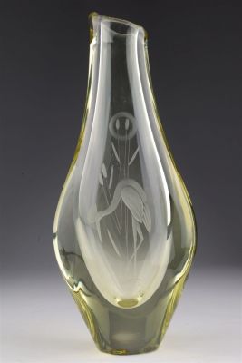 Art Glass Engraved Crane Vase / Att. Zelezny Brod. Vintage Art Glass Engraved Crane Vase / Att. 