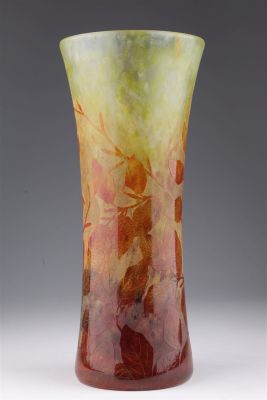 Large Antique Signed Daum Nancy Foliage Vase. Signed in glass, 12 inches H x 5 W. 
Condition: 