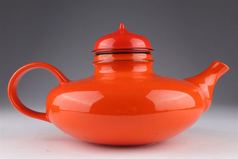 Rare Inger Persson Rorstrand Orange Pop Teapot with original strainer. 10 inches L x 6.5 W x 6 