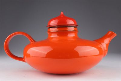 Rare Inger Persson Rorstrand Orange Pop Teapot with original strainer. 10 inches L x 6.5 W x 6 