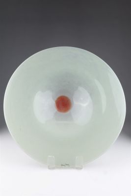 Signed Modernist Henry Dean Art Glass Charger Titled Peru Red Spot. 17 inches diameter. 