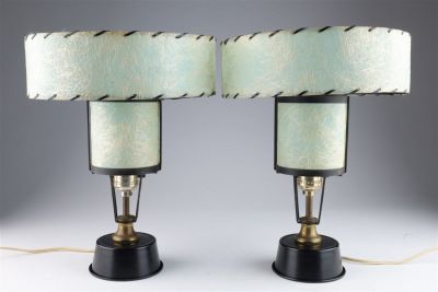 Pair Small MCM Lamps With Fiberglass Shades. Pair Small Mid Century Modern Lamps With Whipstitch 