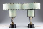 Pair Small MCM Lamps With Fiberglass Shades. Pair Small Mid Century Modern Lamps With Whipstitch Image - 1