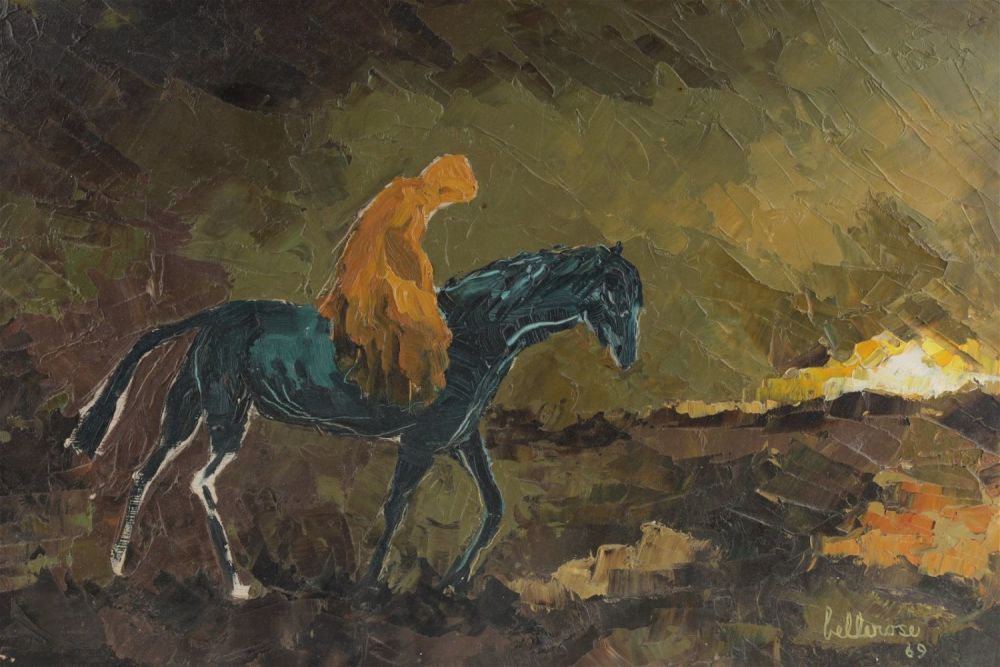 MCM Brutalist Impasto Painting Signed Bellerose 69, Horse and Rider in a landscape. 12 inches H 