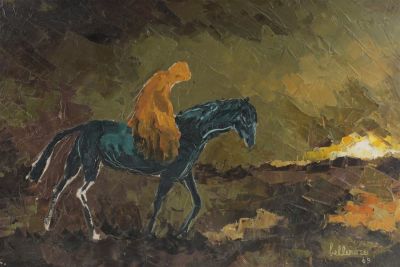 MCM Brutalist Impasto Painting Signed Bellerose 69, Horse and Rider in a landscape. 12 inches H 