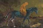 MCM Brutalist Impasto Painting Signed Bellerose 69, Horse and Rider in a landscape. 12 inches H Image - 2