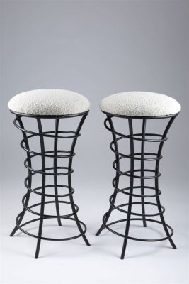 Pair Postmodern Steel Spiral Upholstered Stools. Pair 1990s Postmodern Steel Spiral Upholstered 