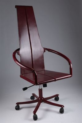 Burgundy Post Modern Tubular Swivel Office Chair. 28 inches W x 53 H x 22 deep, seat height 18 