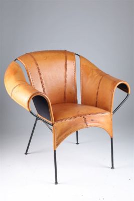 Leather and Iron Frame Armchair / Club Chair. 34 inches H x 34 W x 23 deep, seat height 19 