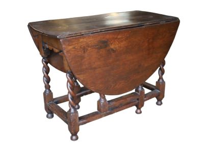 18th C Oak Drop Leaf Barley Twist Gate Leg Table. Open, measures 54.5 inches x 42 W x 9 H 