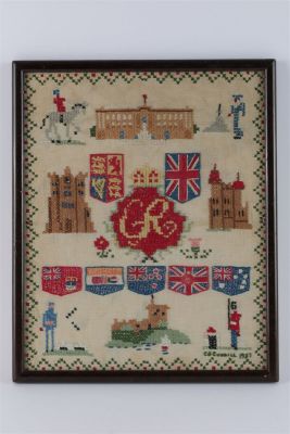 George VI Coronation Embroidery Sampler 1937. Signed and dated lower right. Framed, measures 14 