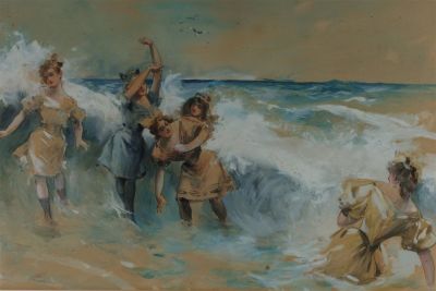 Charles Howard Johnson Mixed Media Women at Beach. Charles Howard Johnson (American, 1865 – 