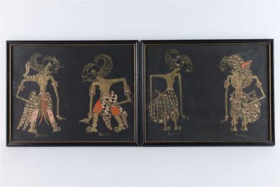 Pair Black / Gold Wayang Kulit Javanese Paintings. Pair Black and Gold Wayang Kulit Javanese / 