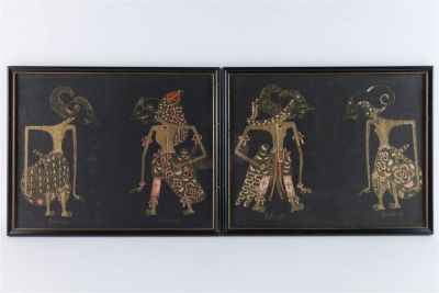Pair Black / Gold Wayang Kulit Javanese Paintings. Pair Black and Gold Wayang Kulit Javanese / 