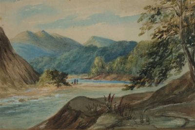 19th C Watercolour Mountainous Landscape Painting with figures at the river. Painting measures 