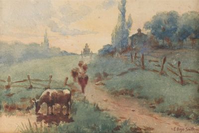 E. Boyd Smith Watercolour Cattle in Landscape. Elmer Boyd Smith (American, 1860 - 1943) 