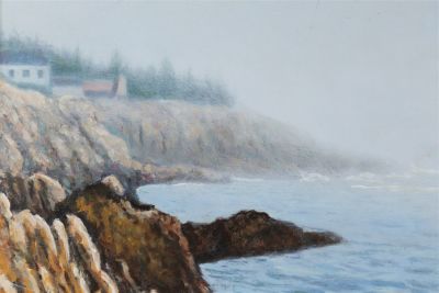 Signed Painting Coastal Landscape Village in Mist. Signed Oil Painting, Coastal Landscape 