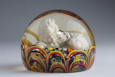 Antique Sulphide Lion Sculpture Glass Paperweight. Antique Bohemian Sulphide Lion Sculpture Art 
