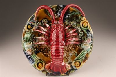 Majolica Palissy-Ware Langouste Lobster Plate. Small Portugal Majolica Palissy-Ware Langouste 
