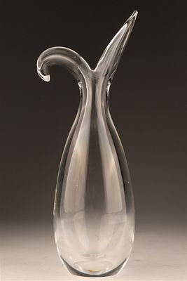 Signed Steuben Mid Century Crystal Split Lip Vase. 10.5 inches H x 4 W. Condition: Although 