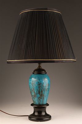 Antique Turquoise Art Pottery Vase Lamp on Turned Wood Base. 19 inches H x 12 W. Condition: 