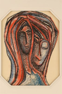Mid Century Pastel on Paper Faces Signed Hebert. Mid Century Pastel on Paper Two Faces Signed 