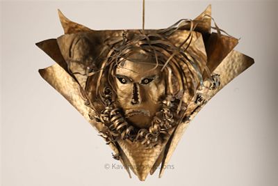 MCM Brutalist Hammered Metal Faces Light Fixture. Mid Century Brutalist Hand Hammered Metal 