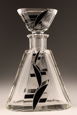 Art Deco Black Leaf Crystal Decanter by Karl Palda. 8 inches H x 5 W. Condition: Although care 