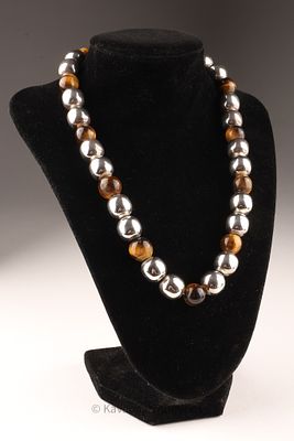 Mexico Sterling Silver Tiger Eye Bead Necklace. Mexican Taxco necklace of sterling silver and 